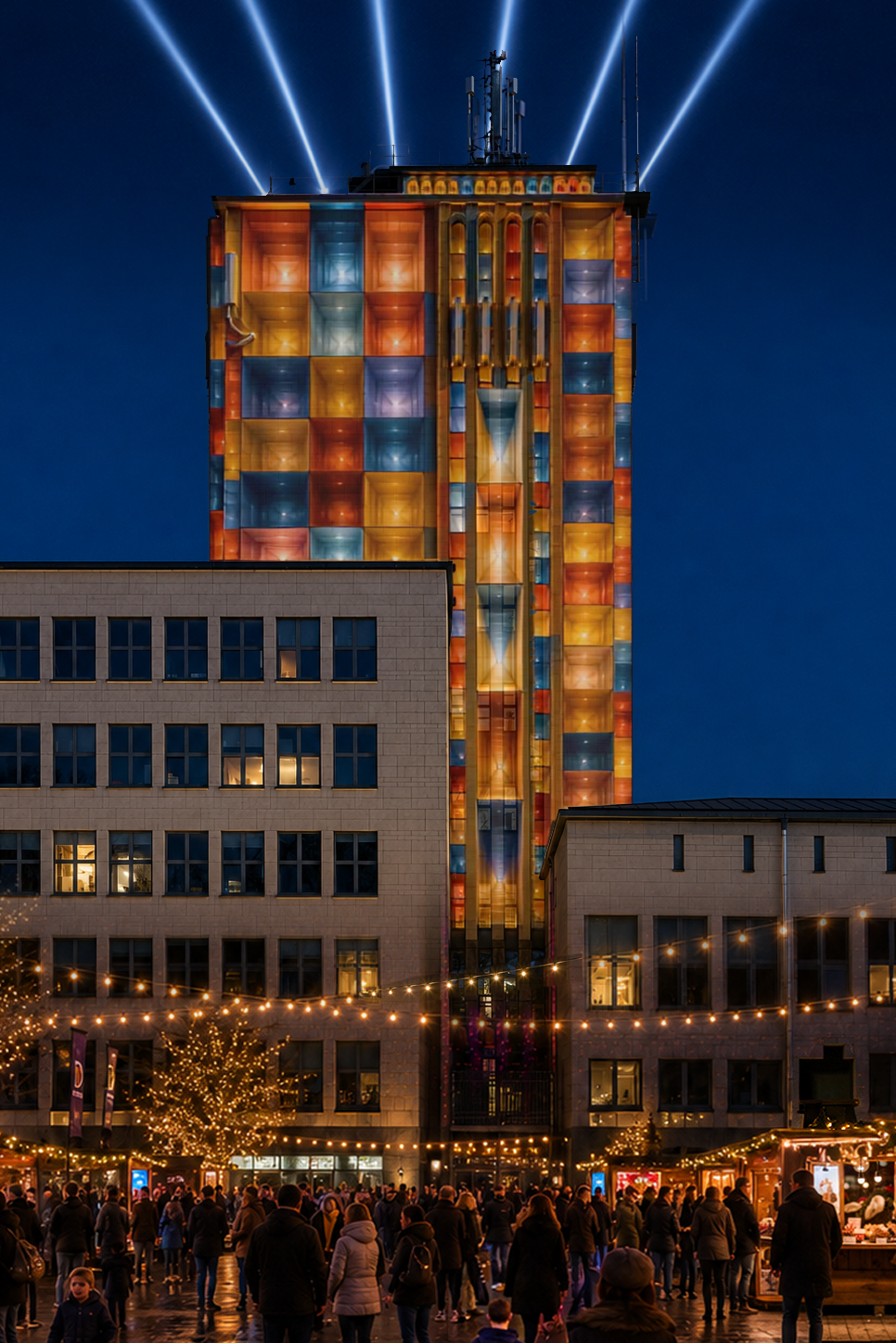 Projectie op toren in het kader van 25 jaar districten
